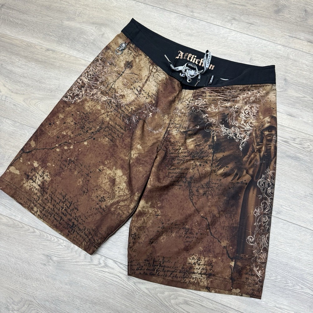 Y2K Style Affliction‎ Board Shorts Swim Trunks Men's Skulls Goth Punk Street